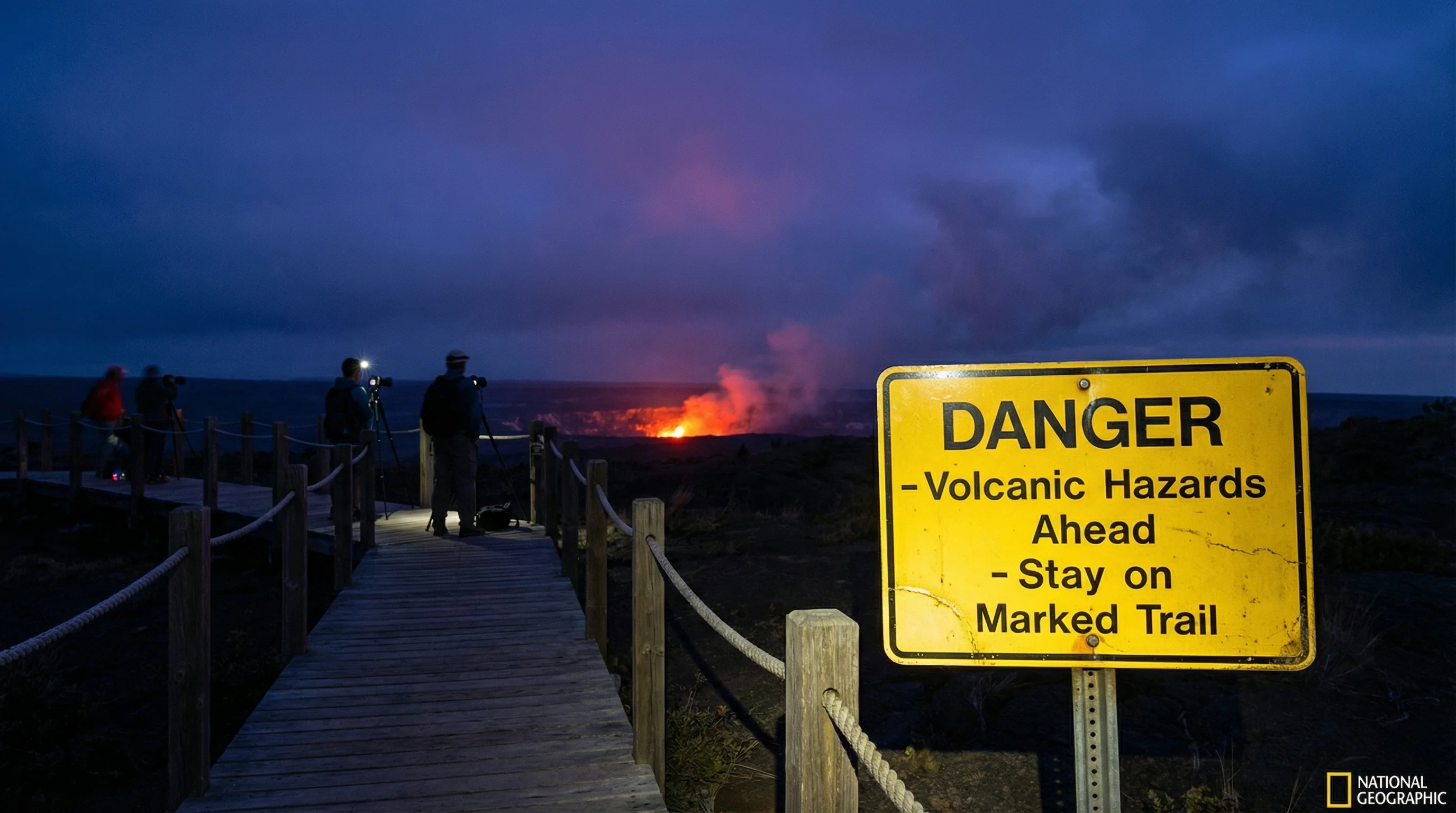 When viewing active lava at Hawaii Volcanoes National Park, always heed warning signs and stay on designated paths Active lava viewing with safety warning signs at Hawaii Volcanoes National Park