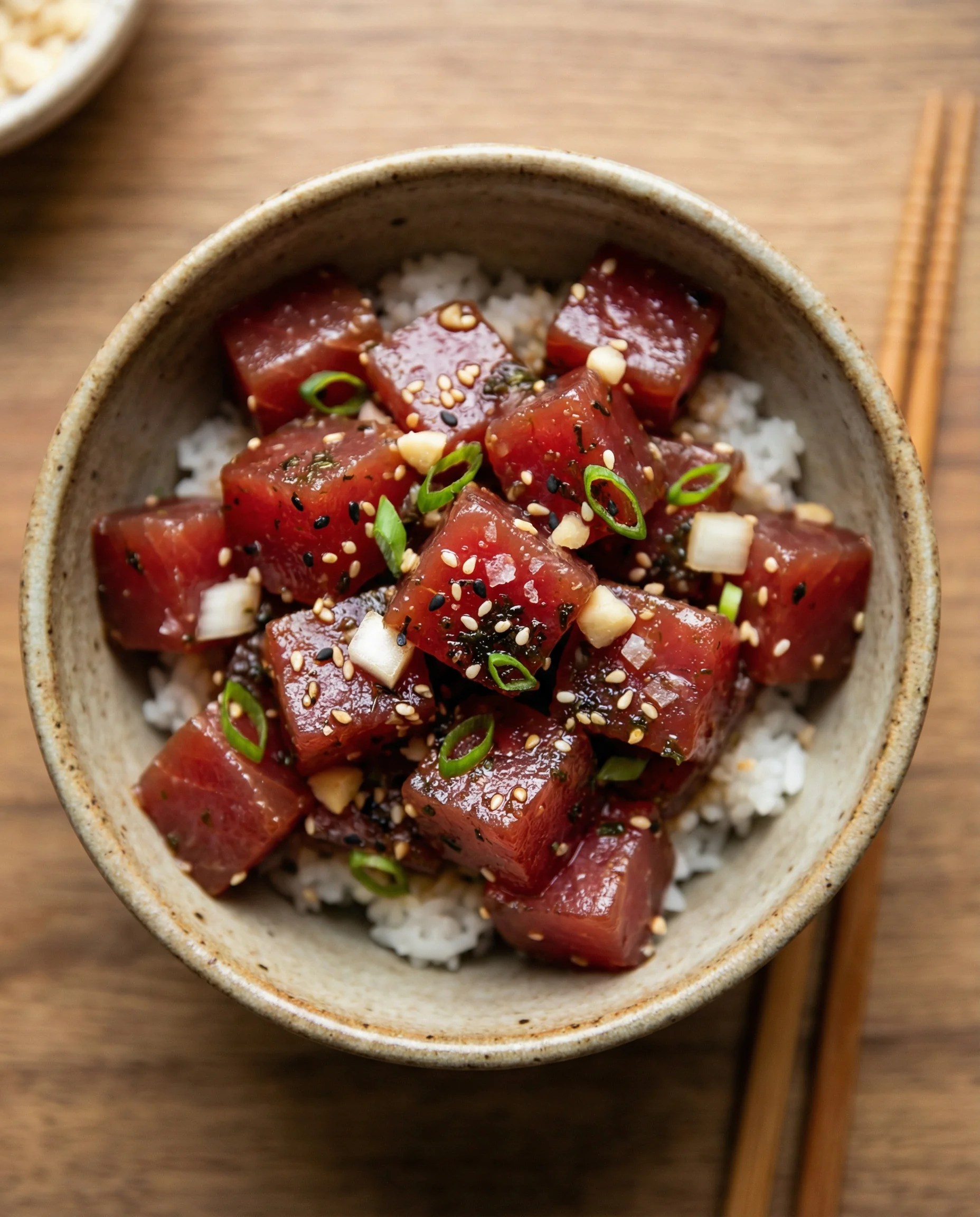 Poke (pronounced poh-keh) is a must-try Hawaiian dish featuring bite-sized raw fish with traditional seasonings Hawaiian poke bowl with fresh ahi tuna and local ingredients on Big Island