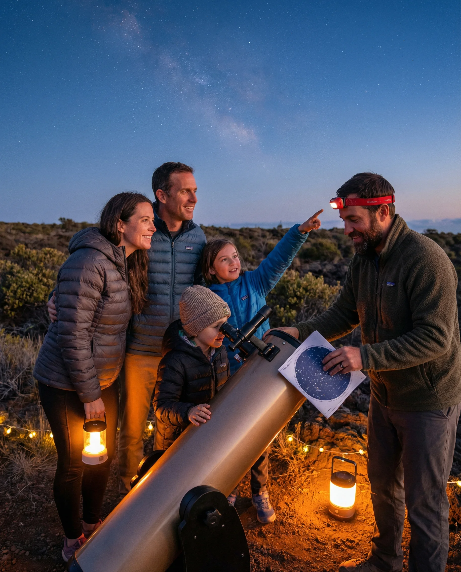 Family-friendly stargazing tours welcome all ages at lower elevations with same incredible night sky views Family-friendly stargazing on Mauna Kea lower slopes