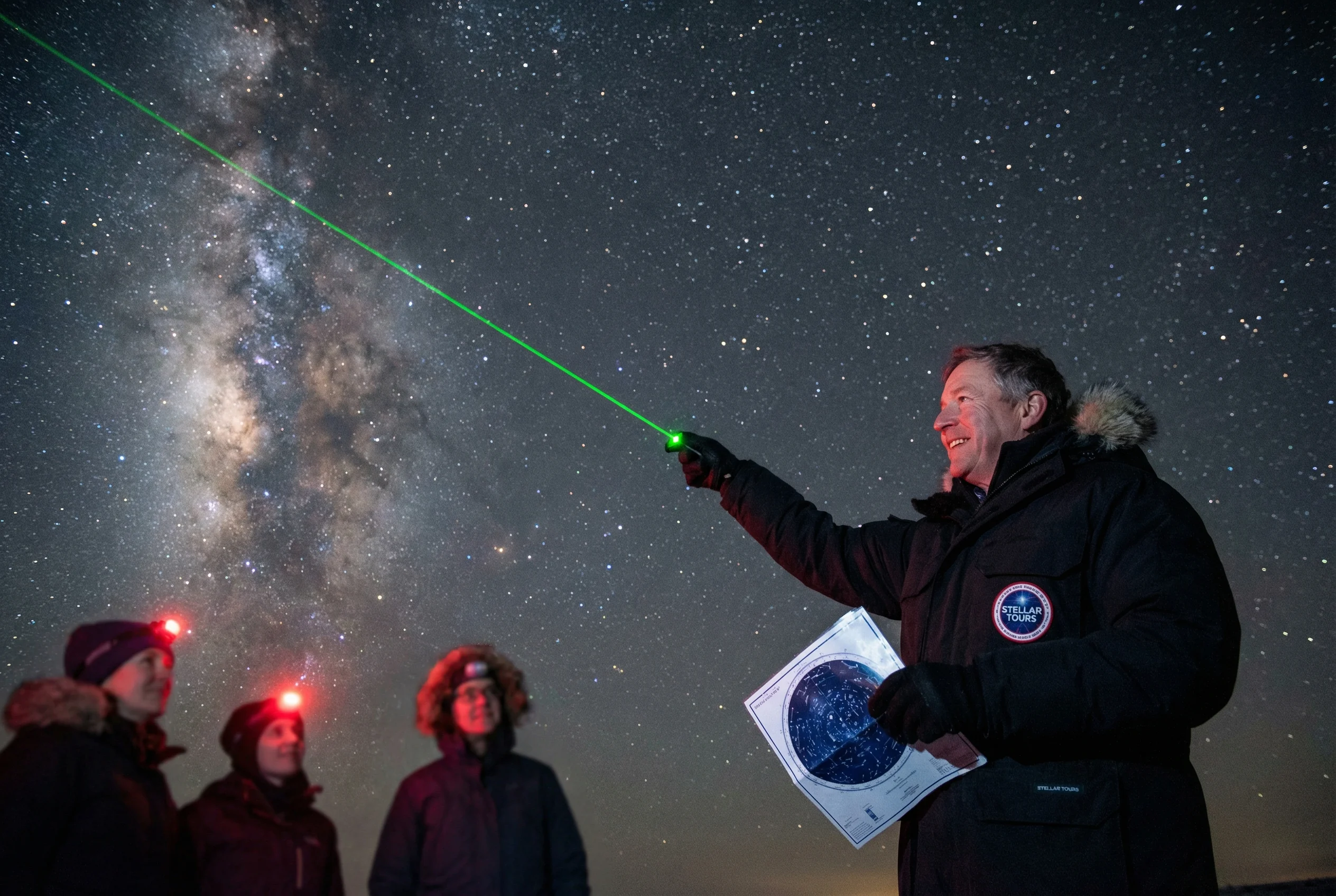 Expert guides share Hawaiian star navigation history and modern astronomy Mauna Kea tour guide explaining constellations with laser pointer