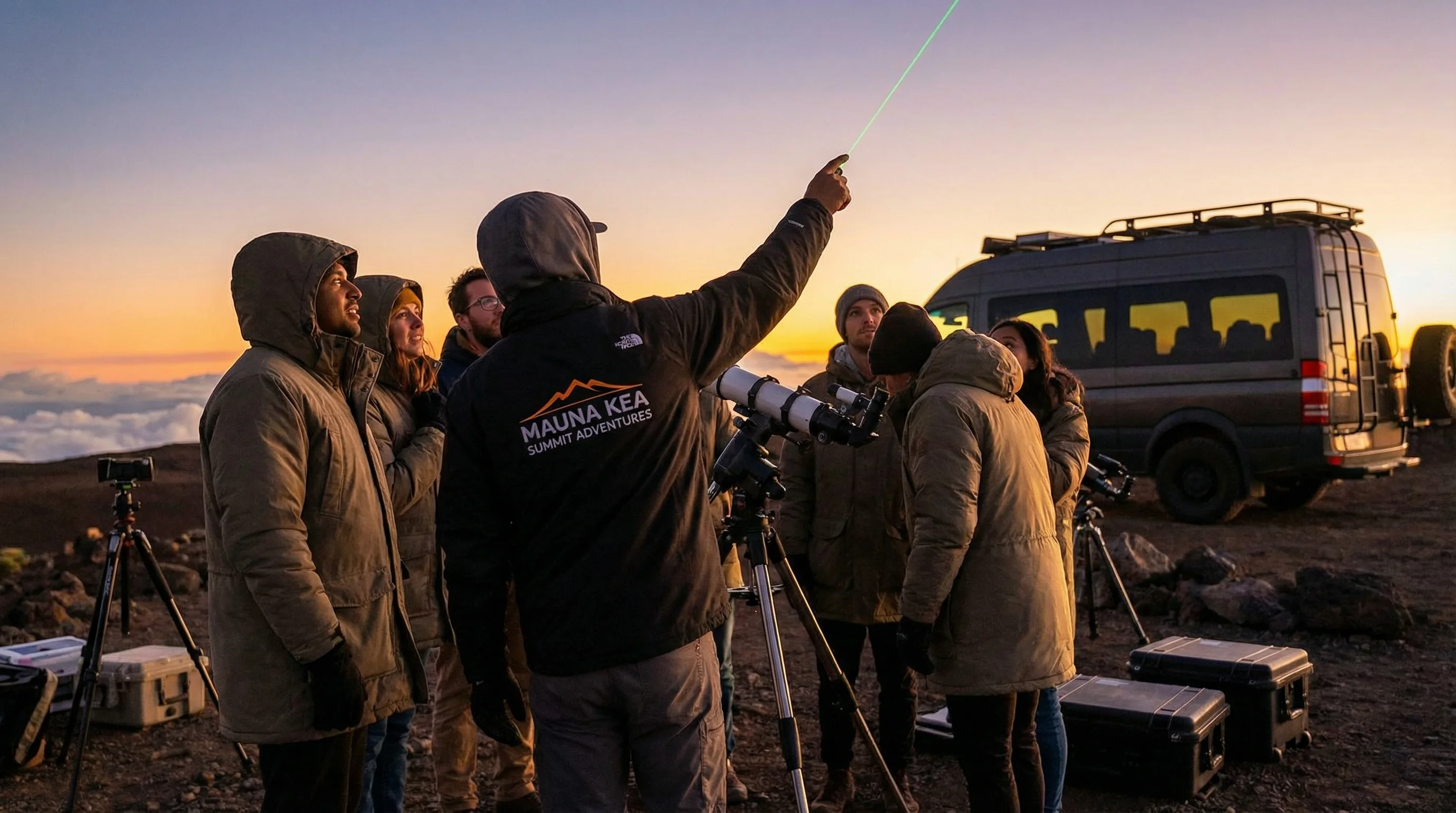 Professional guides make your first Mauna Kea experience safe and educational Guided Mauna Kea tour group with telescope and sunset