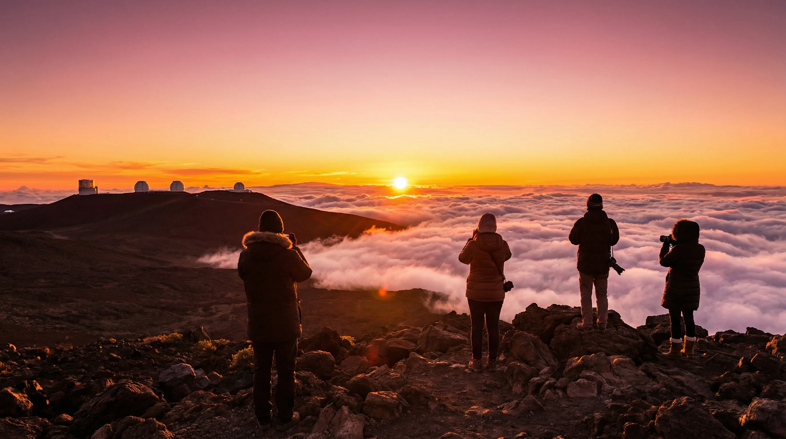 Watch the sun set above a sea of clouds—an unforgettable moment that makes summit tours truly special Mauna Kea summit sunset above clouds