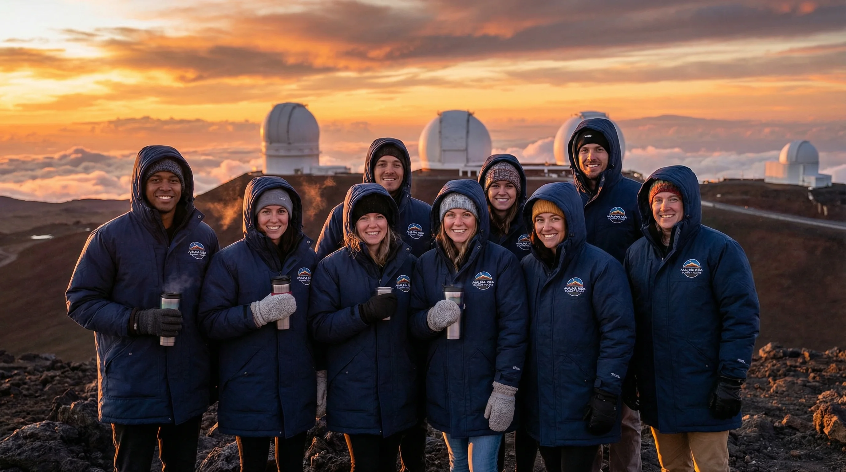 Tours provide hooded parkas, gloves, hot beverages to keep you comfortable in freezing temperatures Mauna Kea tour group with warm parkas at sunset