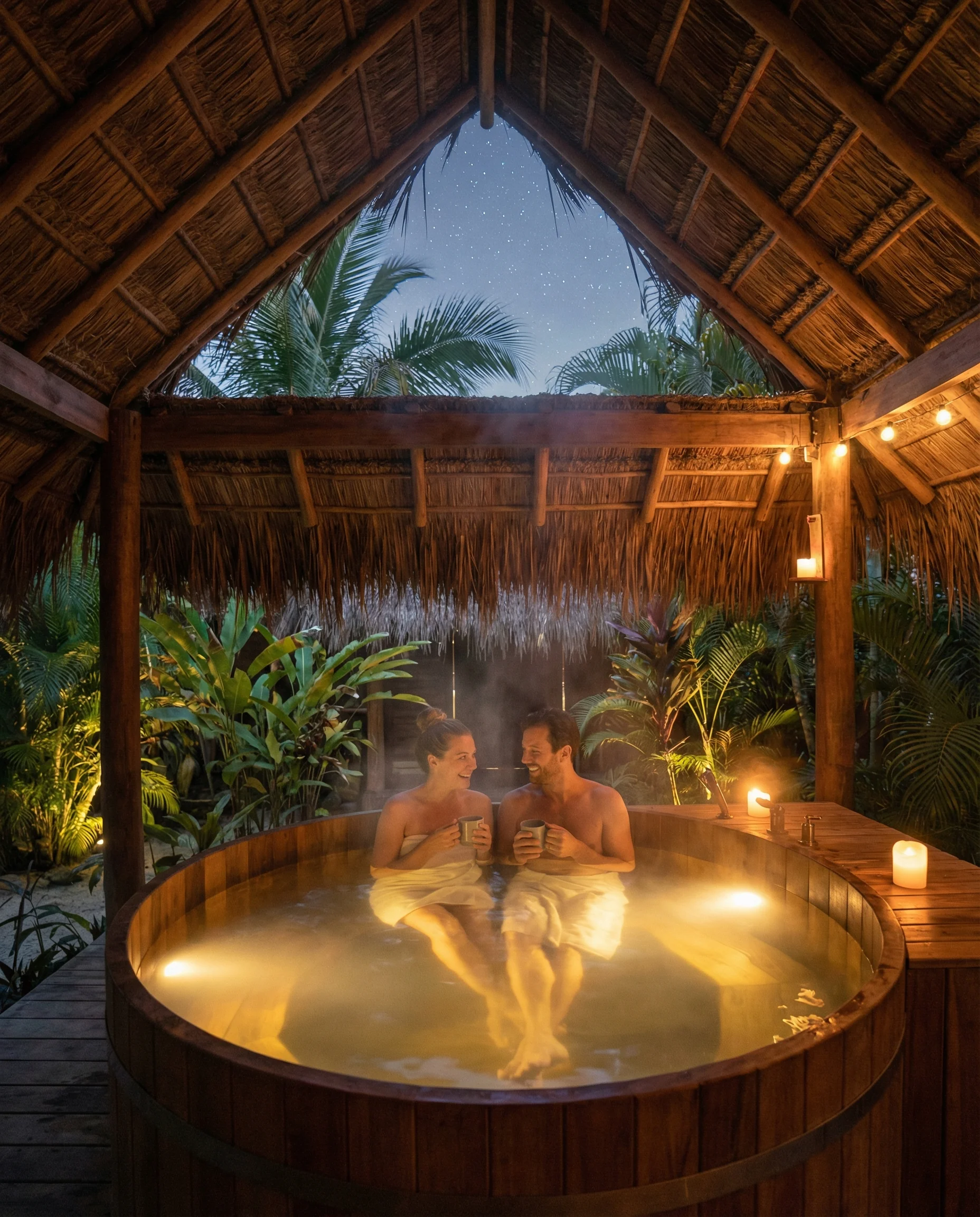 Mamalahoa Hot Tubs in Kealakekua features open-sided teak tubs with thatched roofs designed for stargazing while soaking Kealakekua hot tub stargazing experience under open Hawaiian night sky