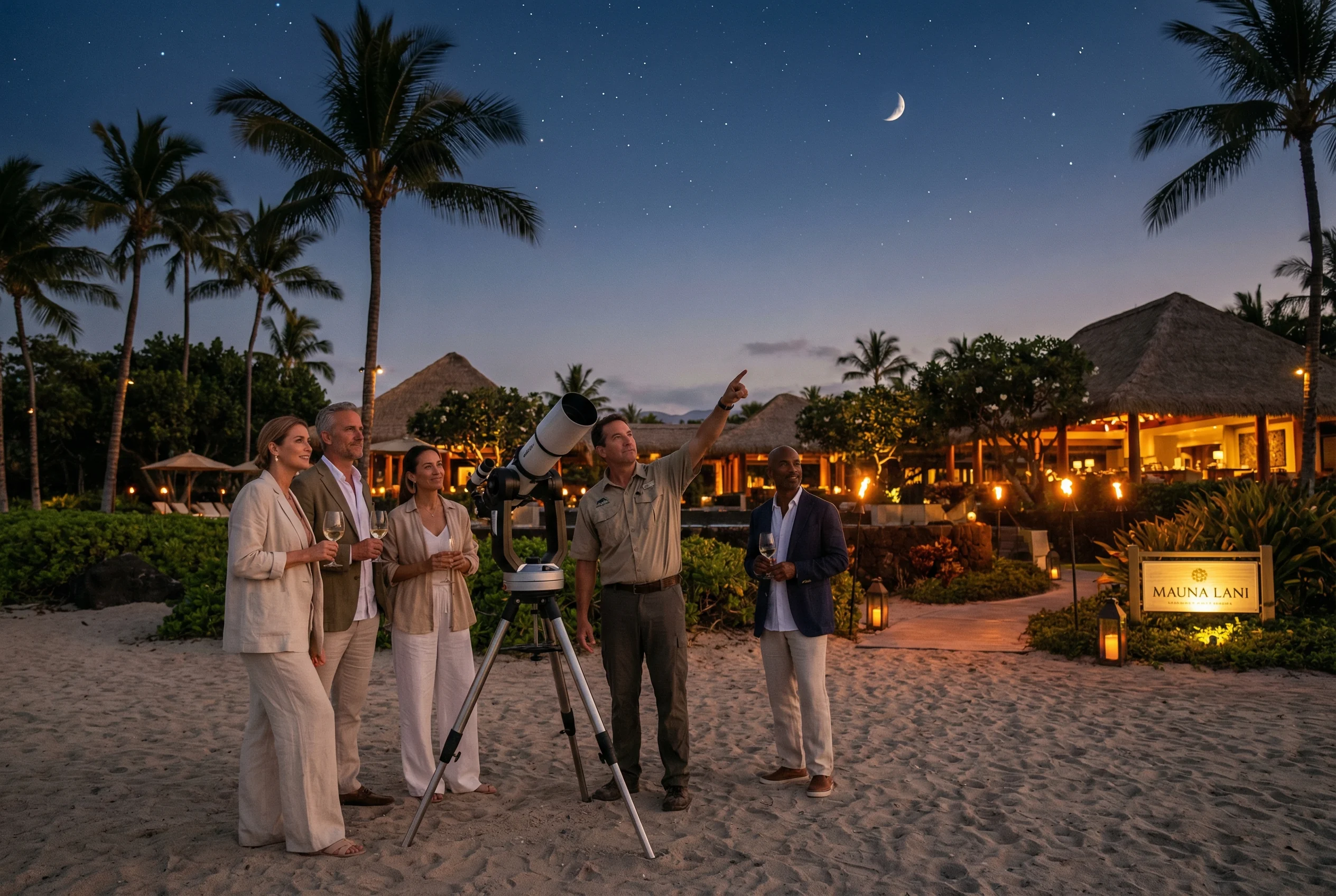 Star Gaze Hawaii brings professional astronomers and telescopes to Kohala Coast resorts like Mauna Lani and Westin Hapuna Kohala Coast resort stargazing tour with professional astronomer and telescope on beach