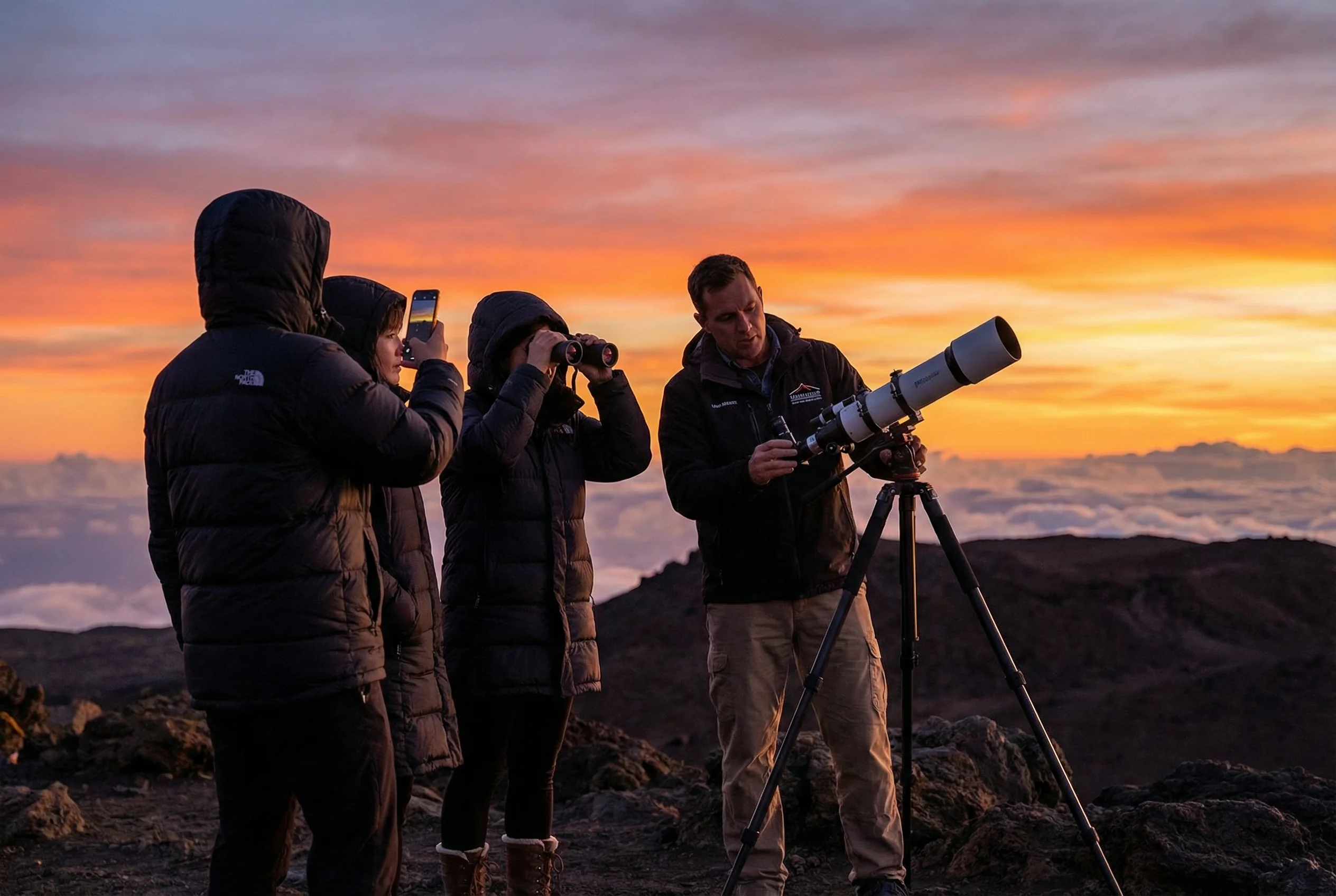 Guided Mauna Kea summit tour includes sunset at 13,796ft, warm parkas, dinner, and private telescope viewing Professional Mauna Kea stargazing tour with sunset and telescope viewing