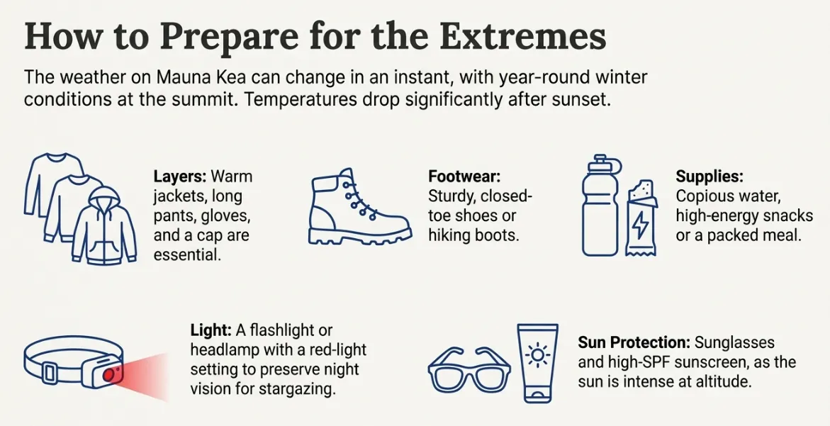 Essential preparation checklist for Mauna Kea summit adventure - 4WD requirements, safety gear, and timing Mauna Kea tour preparation infographic