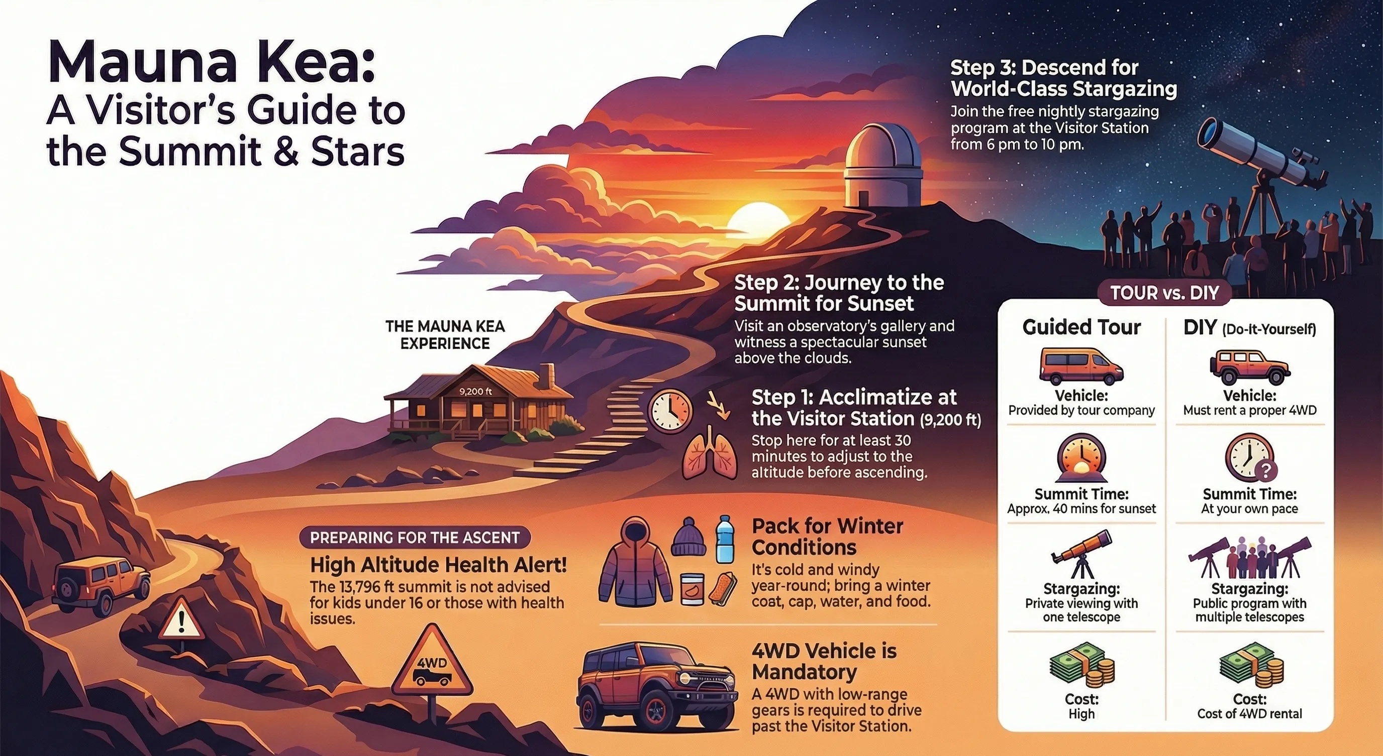 Complete adventure timeline from departure to stargazing at Mauna Kea summit Mauna Kea summit and stars adventure overview