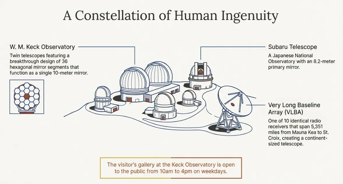 World-class astronomical observatories at Mauna Kea summit featuring Keck, Subaru, and VLBA telescopes W.M. Keck Observatory, Subaru Telescope, and VLBA at Mauna Kea summit