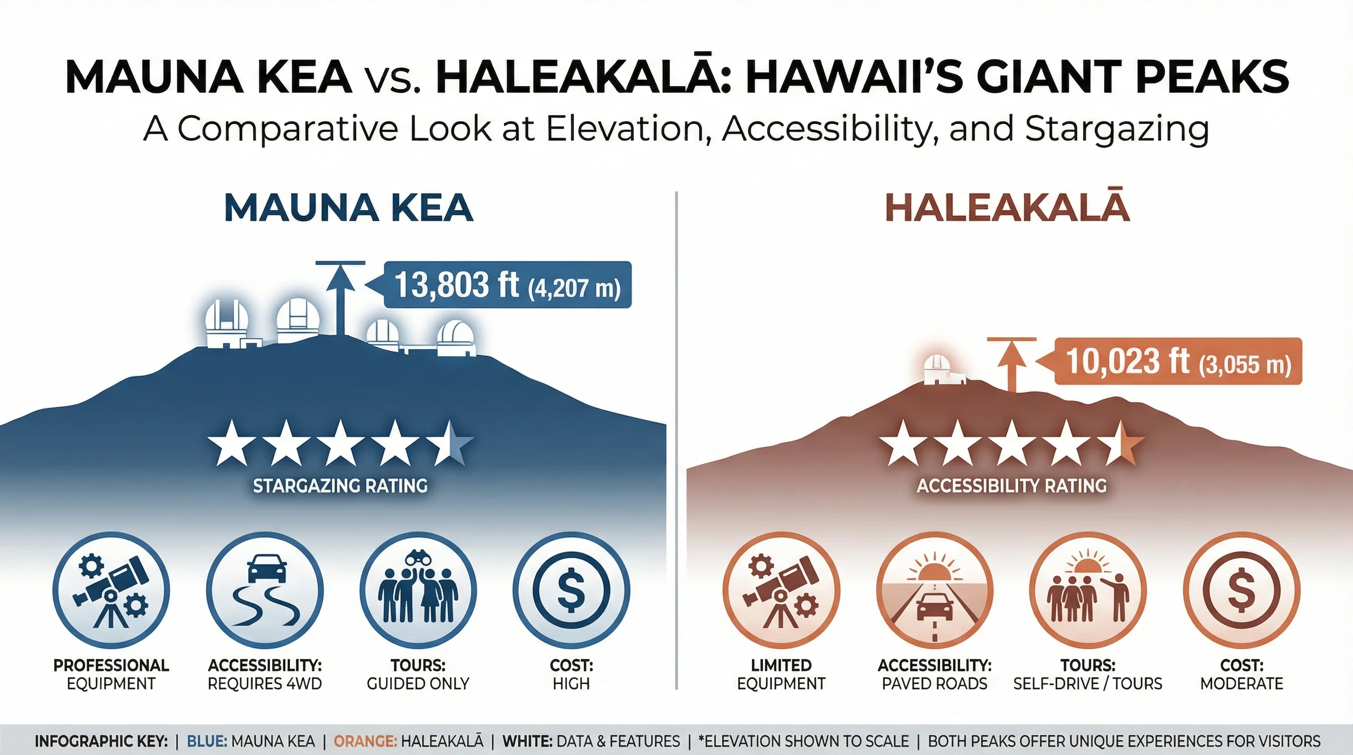 Side-by-side comparison of Mauna Kea and Haleakalā stargazing