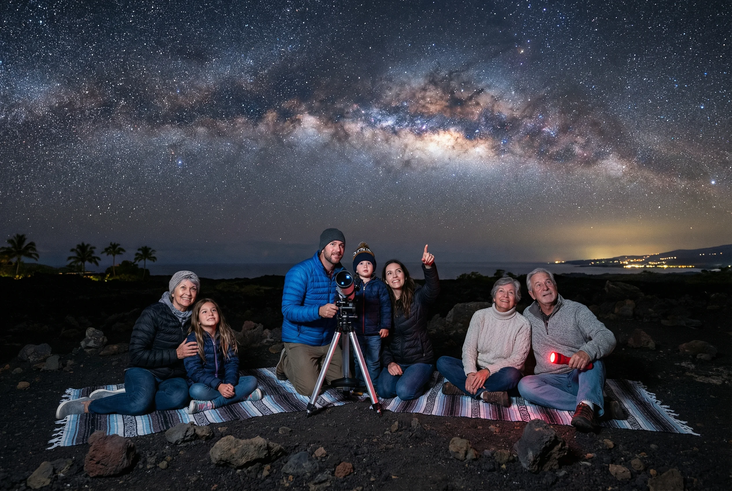 Family stargazing in Hawaii with telescope under Milky Way