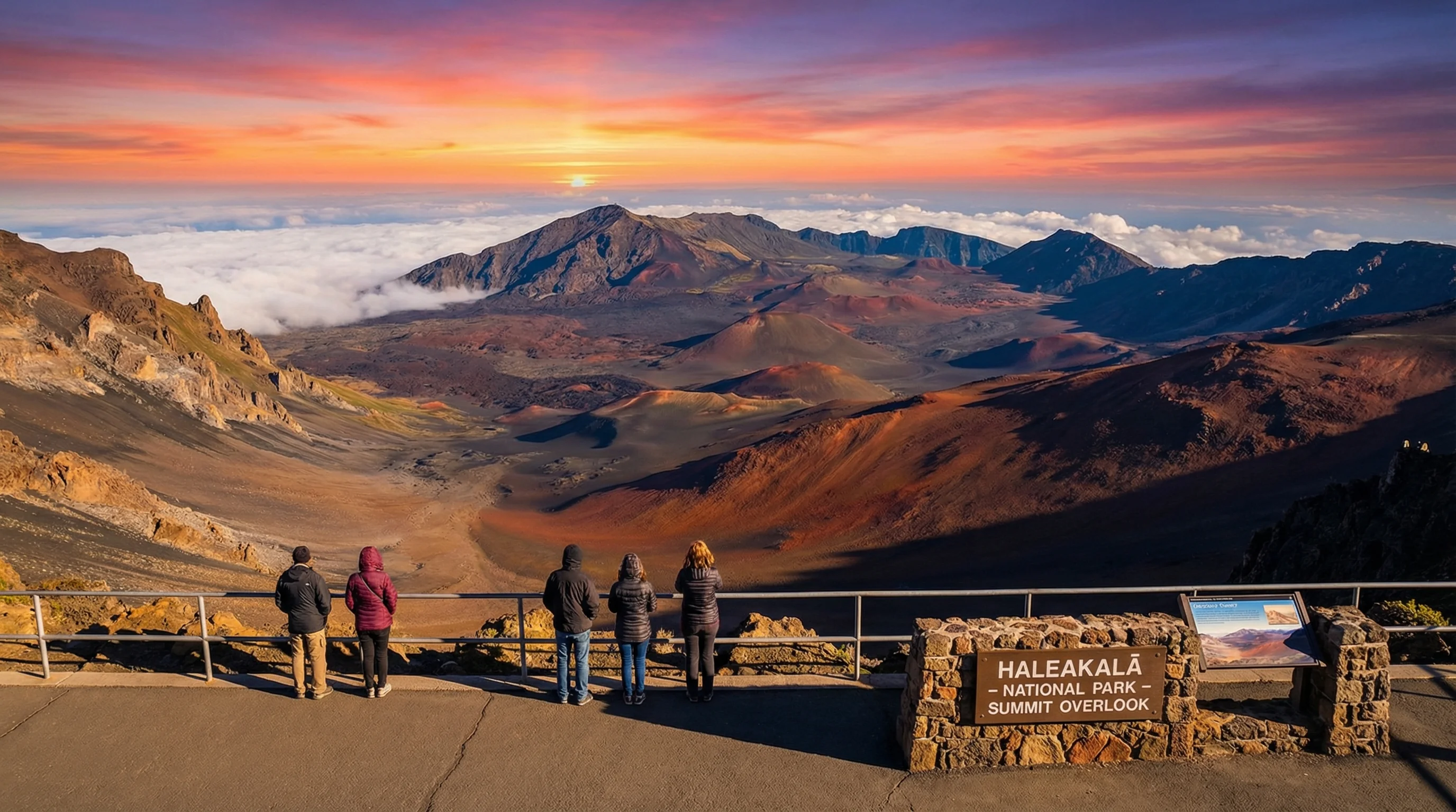 Haleakalā crater at sunset with visitors viewing