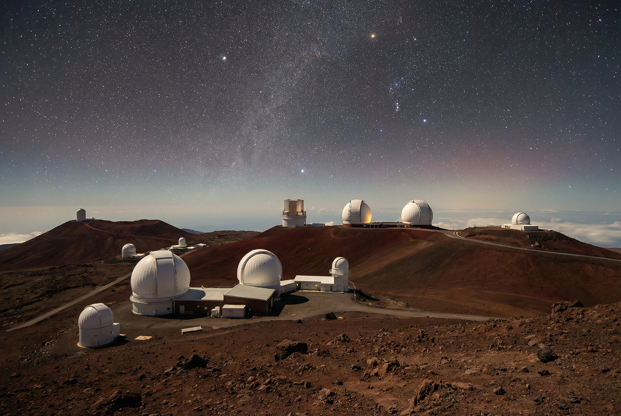 Mauna Kea summit at night with telescopes and Milky Way